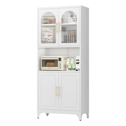 Metal Kitchen Pantry Storage Cabinet，75" Tall Storage Cabinets with 4 Doors and Adjustable Shelves ，White Hutch Cabinet with Microwave Stand,Large Kitchen Cupboard for Dining Room
