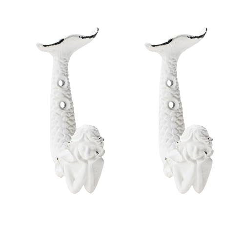 SOFFEE DESIGN 2pcs White Mermaid Shape Metal Coat Hooks, Playful Mermaid Design, Retro Friction Process, High Load-Bearing, for Vocation House, Seaside Cottages, Bathroom, Living Room - color: White Mermaid Holding Face
