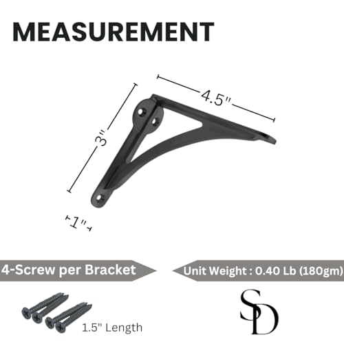 STYLENT Decor Decorative Brass Shelf Bracket, Heavy Duty and Antique Shelf Bracket for Shelving Modern L Shaped Design (Pack of 1) ( Black, 4.5 Inches)