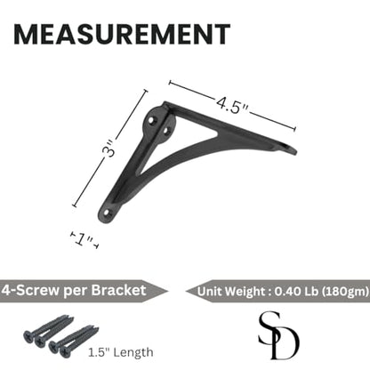 STYLENT Decor Decorative Brass Shelf Bracket, Heavy Duty and Antique Shelf Bracket for Shelving Modern L Shaped Design (Pack of 1) ( Black, 4.5 Inches)