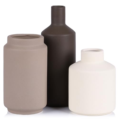 Ceramic Vase Set of 3 - Modern Neutral Vases Home Decor, Minimalism Decorative Vases, Boho Decor Small Flower Vase for Shelf, Dining Table Entryway Mantel Centerpiece Bookshelf Living Room Bathroom - color: Multi Brown