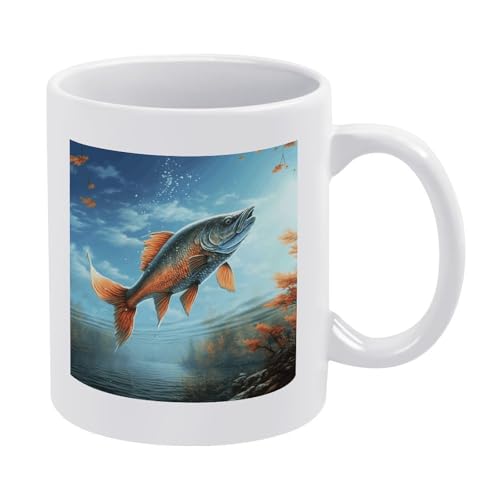 11oz White Ceramic Coffee Mug Funny Safflower Flying Fish Tea Cup Microwave & Dishwasher Safe, Lead-Free for Home Office Daily Use & Gifting - color: Safflower Flying Fish