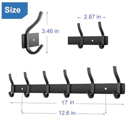 Coat Rack Wall Mount with 6 Hooks, 17 Inch Black Wall Hooks, 2 Packs - color: Black, size: 6 Hooks 2 Pieces