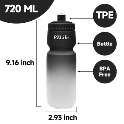 24oz Bike Water Bottle, Cycling Squeeze Water Bottle Leak Proof BPA Free | with Capacity Scale w/Pull Top Lid, Reusable, for Bicycle,Gym, School - color: y-Black+Black