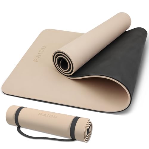 PAIDU POE Yoga Mat （10mm）Extra Thick Fitness Mat 72"x24" with Carry Strap | Non-slip, tear-resistant and suitable for all ages, perfect for yoga, Pilates, home gym and full-body workouts. - color: Beige+Black.
