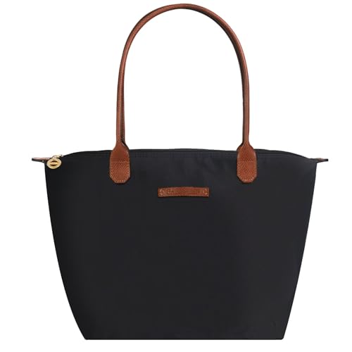 Waterproof Nylon Tote bag for Women Lightweight Designer Handbag with Zipper Stylish and Durable Purse - color: Black, size: Medium