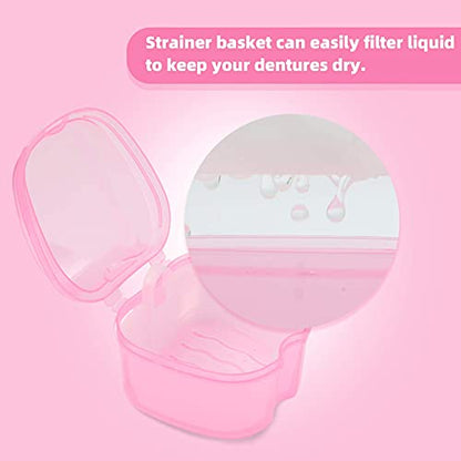 Dental Orthodontic Retainer Container Cleaning Case,Denture Bath Box Case Cup Holder, Mouthguard Storage Soaking Case - Pink - color: Transparent Pink