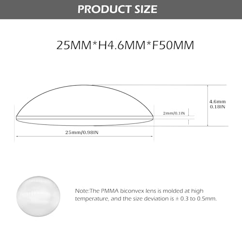 Double Convex Lens - 25mm Diameter, 50mm Focal Length, Optical biconvex Lens for Physics Experiments, Photography, Magnifying, and DIY Projects - Pack of 5pcs (25mm x H4.6mm x F50) - size: 25mm x H4.6mm x F50