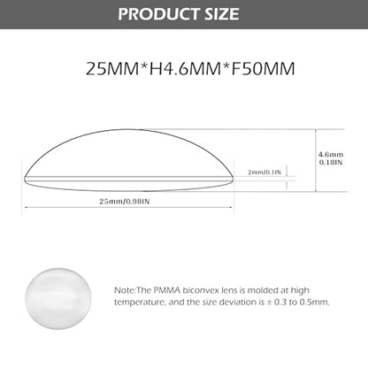 Double Convex Lens - 25mm Diameter, 50mm Focal Length, Optical biconvex Lens for Physics Experiments, Photography, Magnifying, and DIY Projects - Pack of 5pcs (25mm x H4.6mm x F50) - size: 25mm x H4.6mm x F50