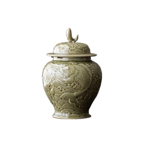 Ceramic Food Jar Celadon Embossed Koi Fish Tea Box Organizer Tea Leaf Box Jar for Coffee Storage Tank Container Awakening Tea Tea Caddy Ornaments Pantry Storage Containers(B,12.8 * 18.5cm) - color: B, size: 12.8*18.5cm