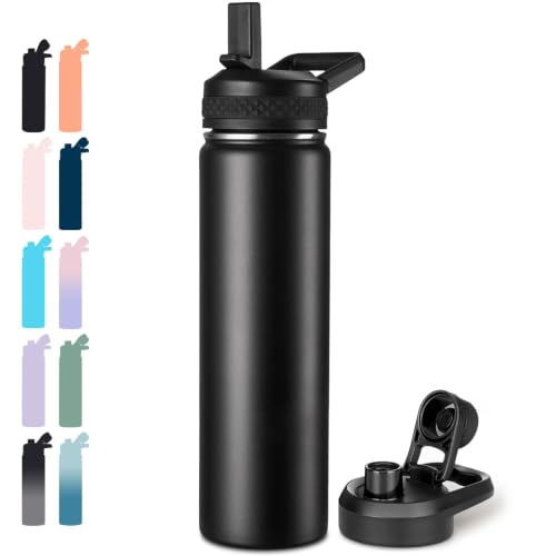 Fijinhom 24 oz Insulated Water Bottle with Handle, 304 Stainless Steel Water Bottles with 2 Lids, Double Wall Vacuum Sports Water Cup with Straw, BPA Free, Keep Cold and Hot, Black - color: 2 Lids - Black, size: 24 Ounces