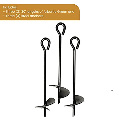 DeepRoot ArborTie Heavy-Duty Ground Anchoring Kit for Tree Support, Includes Three 10’ ArborTie Green and Three 15” Steel Eye Earth Anchors, Versatile Tree Stake Kit, Landscaping Stakes (AT HD15)