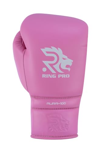 Aura 100 Full Grain Leather Lace Up Boxing Gloves for Men & Women – Professional Training, Sparring, Competition, Muay Thai, Kickboxing & Heavy Bag Gloves - color: Pink, size: 14 OZ