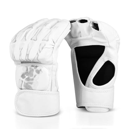 Flexzion MMA Gloves Fingerless Boxing Gloves for Men Women and Teen Youth, UFC Grappling Krav MAGA Kickboxing Gloves for Training Punching Bag Muay Thai Hitting Mitts Cutoff Martial Art Gloves - color: White