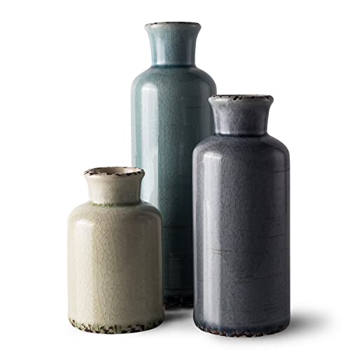 Small Ceramic Vase Set of 3, Wide Mouth Color Vases Bulk Lot for Boho, Flower, Centerpieces, Farmhouse Pampas Grass, Living Room, Bedroom, Home Decor and Dining Table Decoration, Brown - style: Vintage mixed color