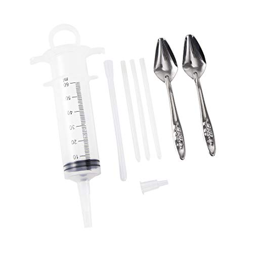 60ML Baby Bird Parrot Feeding Tubes, Liquid Medicine Feeder Push-Tube Pet Cat Dog Feeder with 2 Pcs Stainless Steel Metal Feeding Spoon
