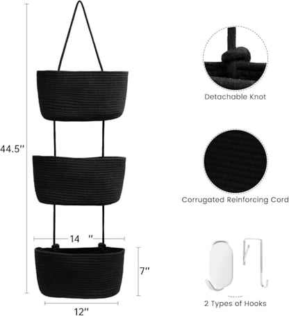 Hanging Basket, Over Door Organizer, 3 -Tier Wall Basket with Hooks (Modern) - style: Modern