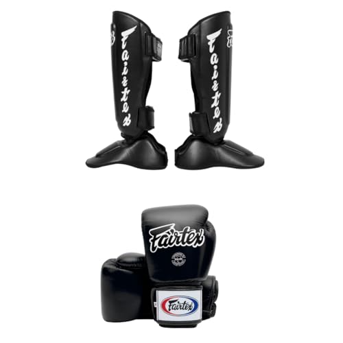 SP7 Black Medium Shin Guards + Fairtex BGV1 16 oz Black Glove