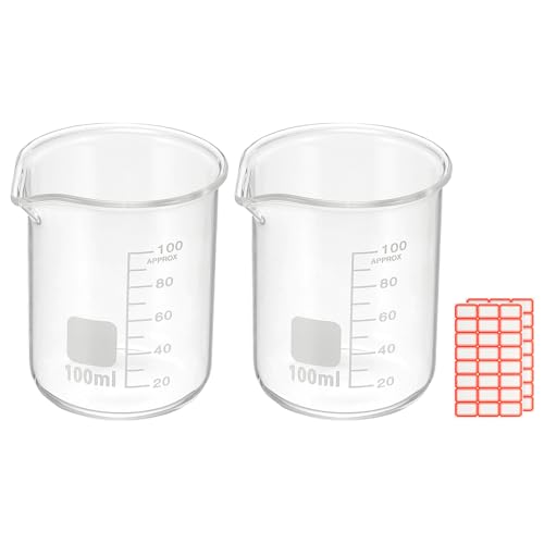 PATIKIL 100ml Glass Beaker, 2 Pack Measuring Glass Beaker Graduated Borosilicate Lab Cups Mug Low Form Heat Safe Transparent with Spout Label for Laboratory Science Kitchen Liquids - size: 100ml