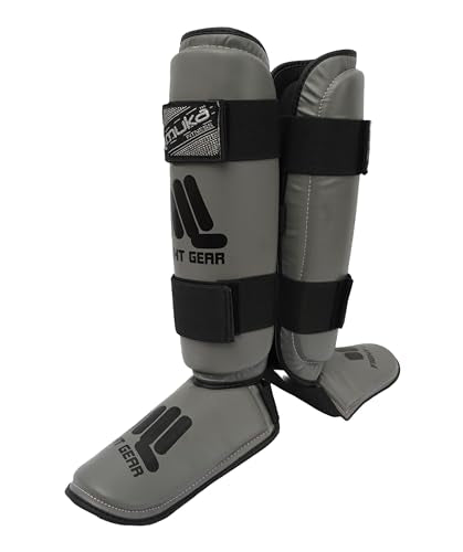 Muay Thai Shin Guards - Synthetic Leather Leg Instep Protection Pads - Martial Art Kicking Sparring Training Gear for Boxing, Taekwondo, Kickboxing/MMA Training (Pair) - color: Grey, size: Medium