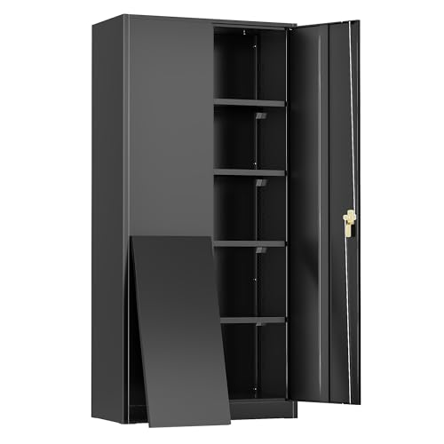 Metal Lockable Storage Cabinet, 72” Tall Storage Cabinet with 2 Doors and 4 Adjustable Shelves for Office, Home, Garage, Pantry (Assembly Required, 18”D, Black) - color: Black, size: Large 72"