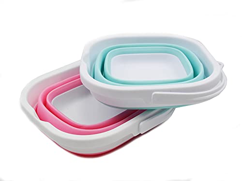SAMMART 2.6L (0.68 Gallon) Super Mini Sqare Collapsible Plastic Bucket - Foldable Square Tub - Portable Fishing Water Pail - 2 Pieces Box Pack (Lake Green & Pink)