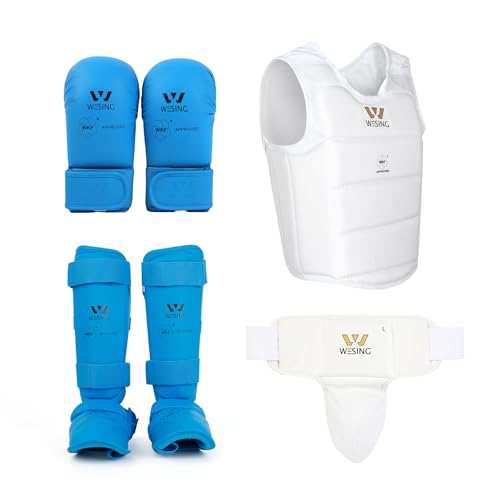 Wesing Karate Protective Gears Set with Chest Guard Gloves Groin Protection and Shin Instep Guard for Men - color: Blue, size: X-Large