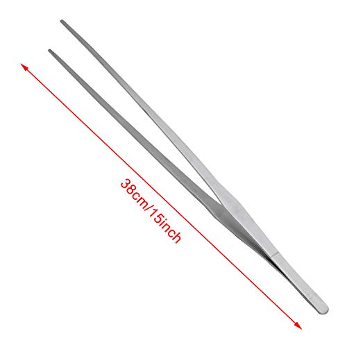Bonsicoky 15 Inch Stainless Steel Tweezers, Non-Slip Long Straight Tweezers Tongs Tool with Precision Serrated Tips for Aquarium, Garden, Kitchen - size: 15 Inch (1PCS)