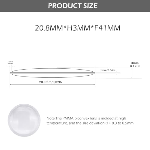 Double Convex Lens - 21mm Diameter, 41mm Focal Length, Optical biconvex Lens for Physics Experiments, Photography, Magnifying, and DIY Projects - Pack of 5pcs (20.8mm x H3mm x F41) - size: 20.8mm x H3mm x F41