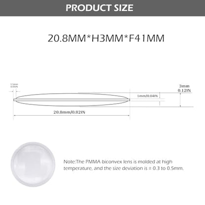 Double Convex Lens - 21mm Diameter, 41mm Focal Length, Optical biconvex Lens for Physics Experiments, Photography, Magnifying, and DIY Projects - Pack of 5pcs (20.8mm x H3mm x F41) - size: 20.8mm x H3mm x F41