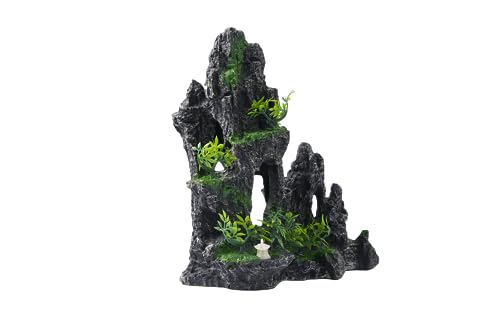 Large Fish Tank Decorations - Mountain View Aquarium Ornament with Tree House Cave Bridge,Resin, 10.24x9.45x5.12 inches, C