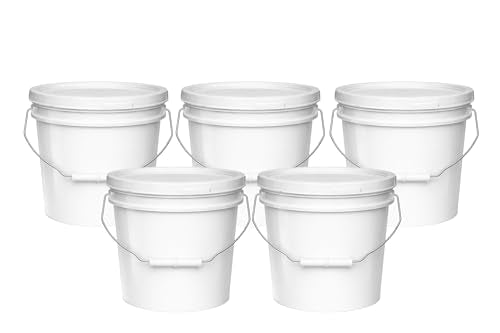 2-Gallon Bucket with Airtight Lid – Made in USA, Food Grade BPA Free Plastic, Heavy Duty Multi-Use, Metal Handle with Grip, Stackable Storage – White, 5 Pack