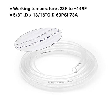 Clear Vinyl Tubing - 5/8" ID 13/16" OD, 10 Ft, 60PSI, BPA Free, Reinforced, 2 Screw Clamps - size: 5/8'', style: 10 feet