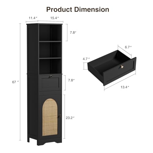 FiveWillowise 67"H Bathroom Storage Cabinet with Rattan Doors and Slide Storage, Tall Narrow Standing Tower Cabinet with Adjustable Shelves, Small Bathroom Floor Organizer for Entryway, Kitchen, Black