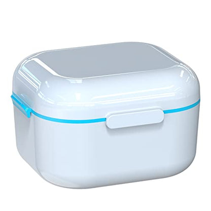 Denture Case with Mirror, Leakproof Retainer Box with Strainer Basket - color: White & Blue