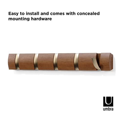 Umbra Flip Coat Rack, Wall Mounted 5-Hook Space Saving, Walnut/Gold - color: Walnut/Gold, size: 5 hook