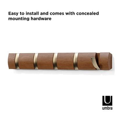 Umbra Flip Coat Rack, Wall Mounted 5-Hook Space Saving, Walnut/Gold - color: Walnut/Gold, size: 5 hook