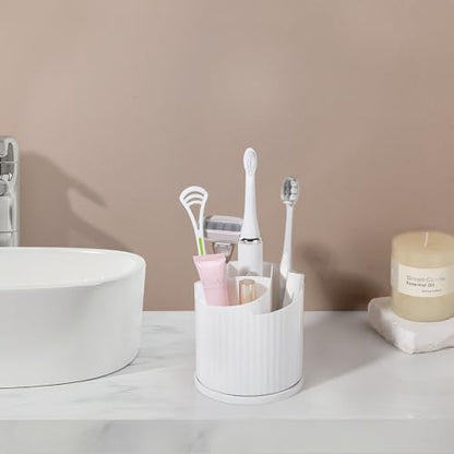 360 Rotating Makeup Brush Holder Organizer 5 Slots Make Up Brushes Cup Flower-Shaped Spinning Pen Holder for Vanity, Cosmetics, Lipsticks, White