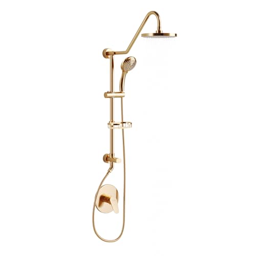 PULSE ShowerSpas Kauai III Brushed Gold Rain Shower Head with Handheld Spray - 1.8 GPM, 8" Showerhead, 5-Function HandShower, Adjustable Slide Bar - Shower Heads with Handheld Spray Combo - size: 1.8 Gallon Per Minute, style: Brushed Gold