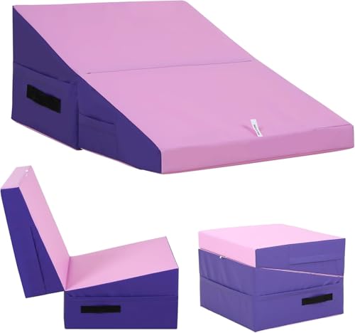 Folding Gymnastics Wedge Mat for Tumbling, Incline Exercise Mat with Handles – Yoga, Pilates & Martial Arts Training Mat for Home Gym, Durable Non-Slip Tumbling Mats for Fitness - color: PINK, size: 34"x24"