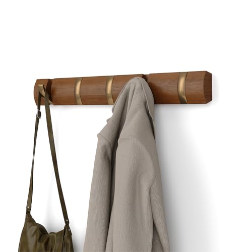 Umbra Flip Coat Rack, Wall Mounted 5-Hook Space Saving, Walnut/Gold - color: Walnut/Gold, size: 5 hook