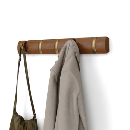 Umbra Flip Coat Rack, Wall Mounted 5-Hook Space Saving, Walnut/Gold - color: Walnut/Gold, size: 5 hook