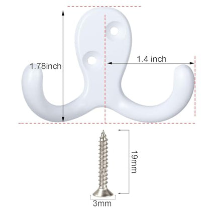 IBosins 28 Pack White Double Prong Coat Hooks Wall Mounted with 56 Screws - color: 28 Pcs White