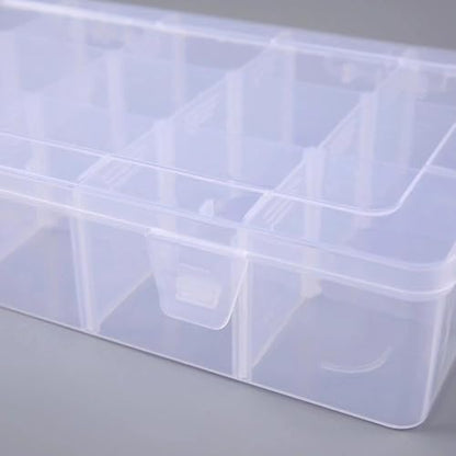 2 Pack Plastic Organizer Box with 14 Removable Dividers,15-Compartment Clear Storage Box for Crafts, Beads, Jewelry & Small Parts (10.5x6.5x2.2 Inches)