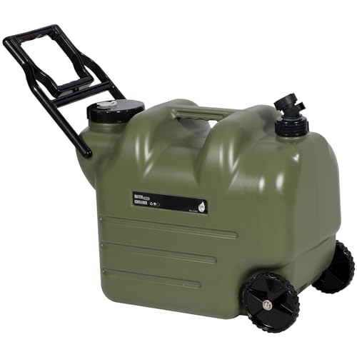 REDCAMP 7.4 Gal Water Container with Wheels & Spigot | Portable Rolling Emergency Camping Water Jug with Folding Handle | BPA Free Food Grade Water Storage Tank for Camping, Hiking(28L, Green)
