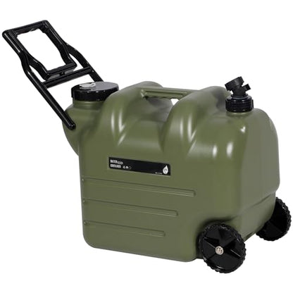 REDCAMP 7.4 Gal Water Container with Wheels & Spigot | Portable Rolling Emergency Camping Water Jug with Folding Handle | BPA Free Food Grade Water Storage Tank for Camping, Hiking(28L, Green)