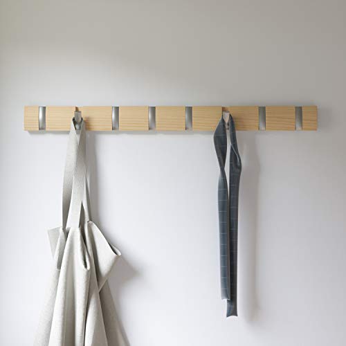 Umbra Flip Coat Rack, Wall Mount 8-Hook, Space Saving, Natural/Nickel - color: Natural, size: 8 hook