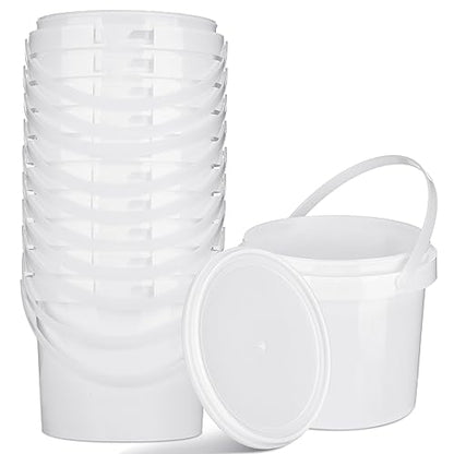 10 Pack White Plastic Bucket with Handle and Lid Food Storage Bucket Containers All Purpose Pail for Multipurpose Paint Water Art Crafts Projects Garage Organization (White,1.5 Quart)
