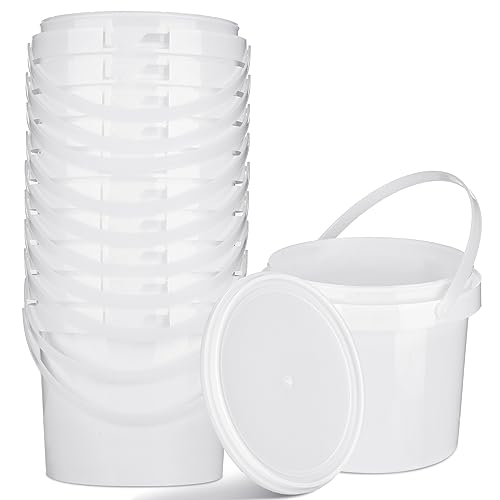 10 Pack White Plastic Bucket with Handle and Lid Food Storage Bucket Containers All Purpose Pail for Multipurpose Paint Water Art Crafts Projects Garage Organization (White,1.5 Quart)