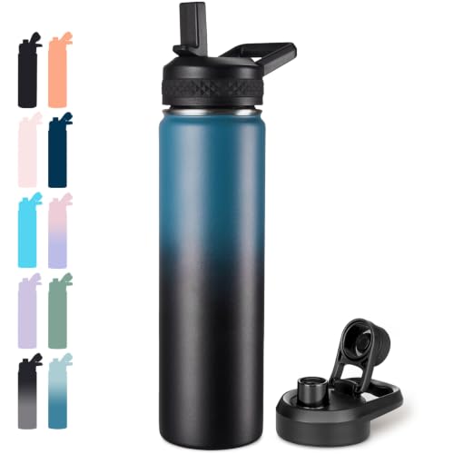 Fijinhom 24 oz Insulated Water Bottle with Handle, 304 Stainless Steel Water Bottles with 2 Lids, Double Wall Vacuum Sports Water Cup with Straw, BPA Free, Keep Cold and Hot, Blue/Black - color: 2 Lids - Blue/Black, size: 24 Ounces